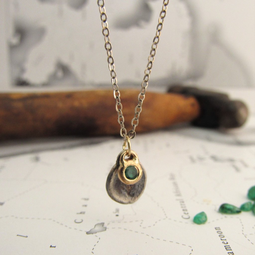 Necklace. Silver Necklace With Silver And Gold Pendants Inlaid With Emerald.
